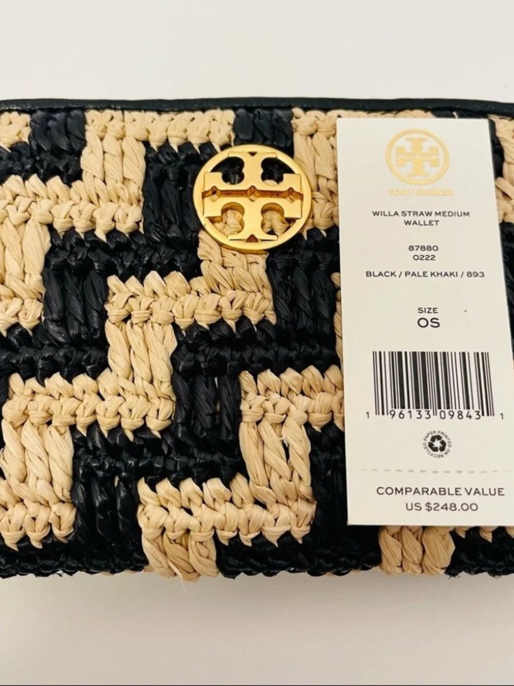 Tory Burch- $248 Willa Straw Medium Wallet in Black and Pale Khaki